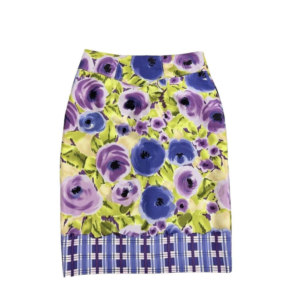 Anthropologie Yoana Baraschi Floral Pencil Skirt Size 2 Multicolor Plaid Hem